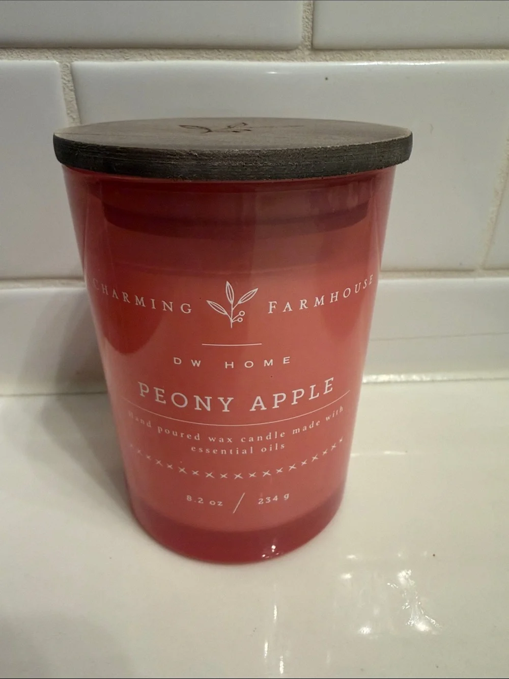 DW Home Peony Apple Candle in Red Glass with Wood Lid